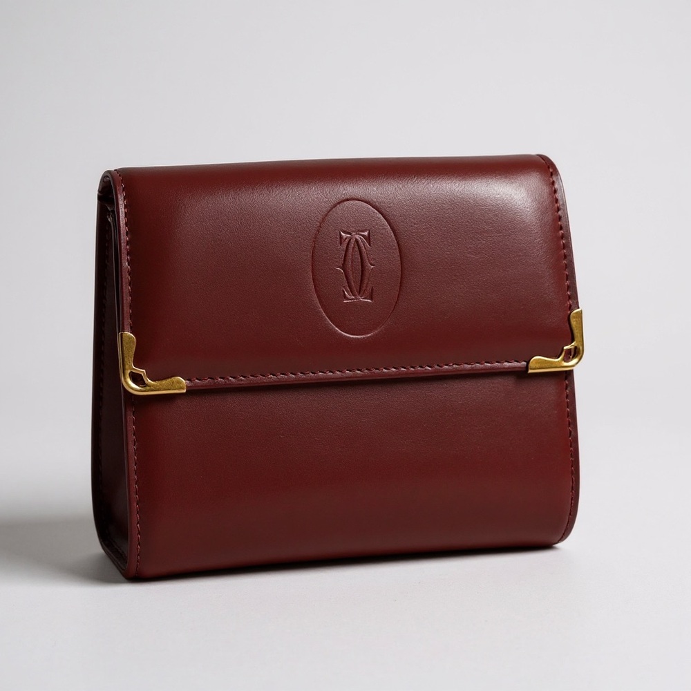Cartier Burgundy Leather compact wallet with Gold Accents